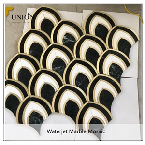 Water Jet White and Black Marble Mosaic With Gold Metal